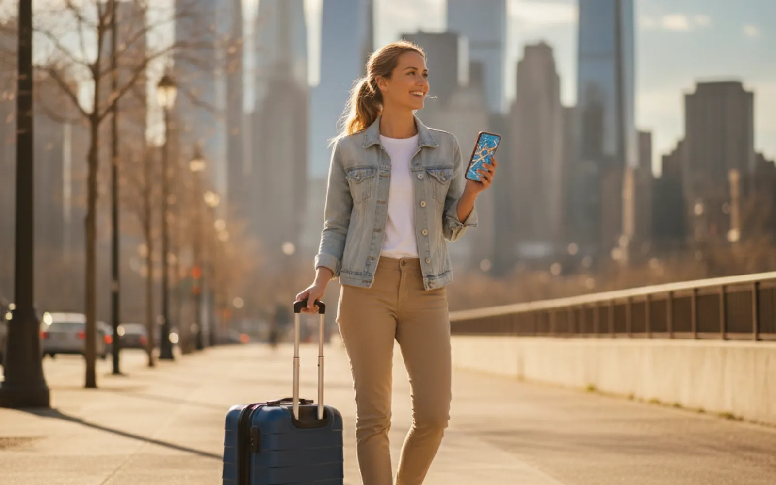 Traveler staying connected in a US city with an eSIM USA travel eSIM